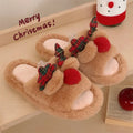 Brown women's fluffy cotton slippers with cartoon deer design, suede upper and PVC sole