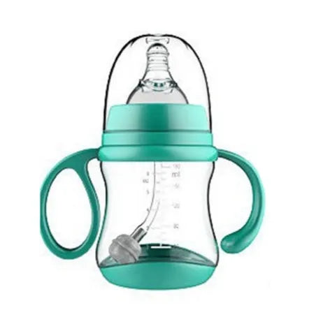 Baby feeding bottle made of BPA-free PP plastic with double handles, wide calibre, in pink or blue