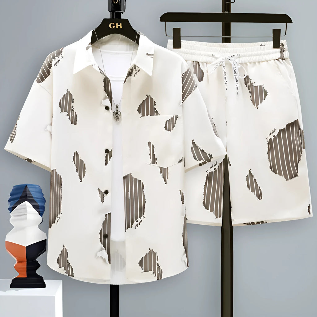 Men's casual polyester short-sleeve top and matching shorts two-piece set on a hanger.
