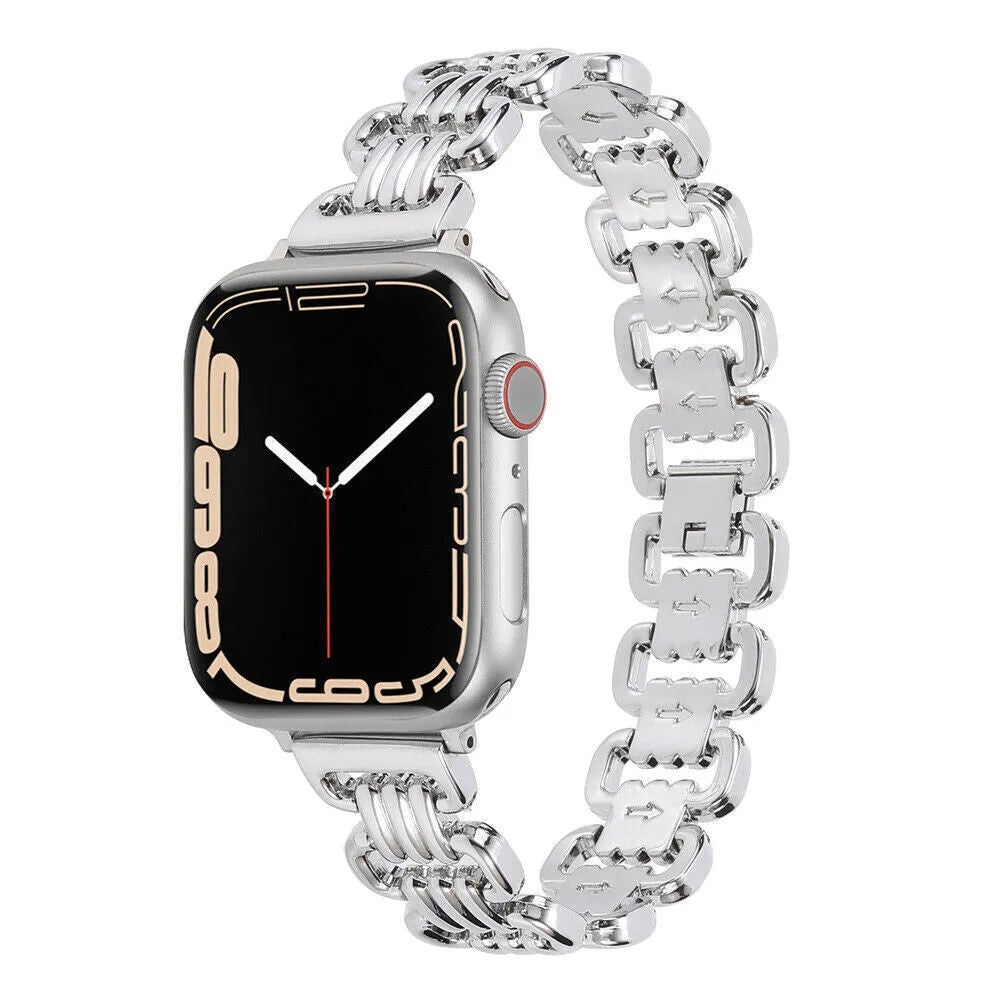 Silver alloy metal replacement bracelet strap for an Apple Watch on a wrist