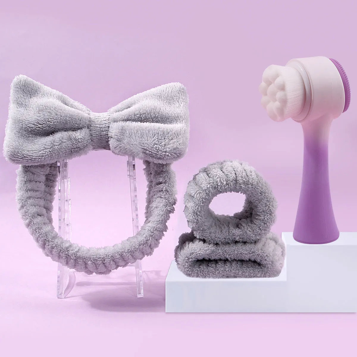 Coral fleece hair band facial brush set with face wash brush in multiple colour options