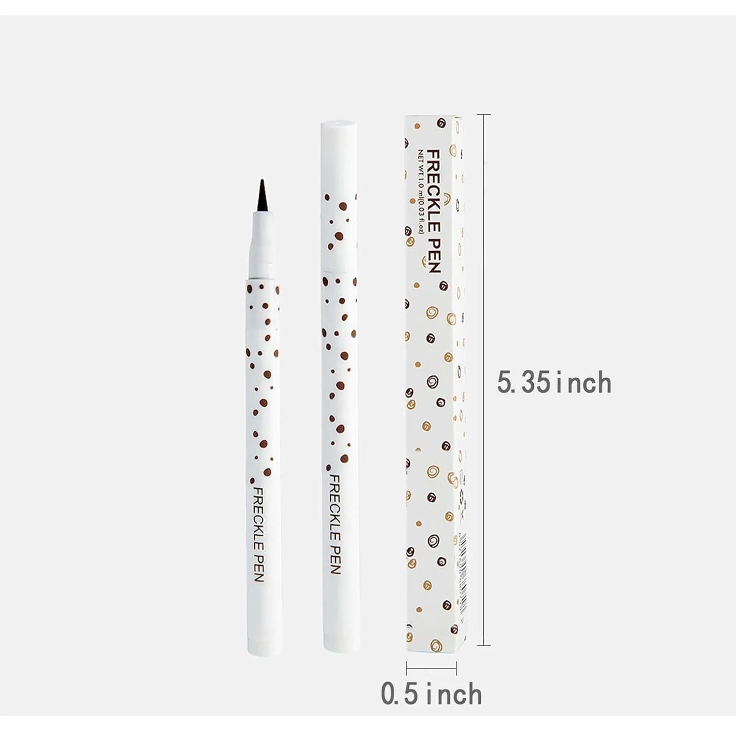 Dark brown freckle pen with precision tip for waterproof, natural-looking face and body makeup.