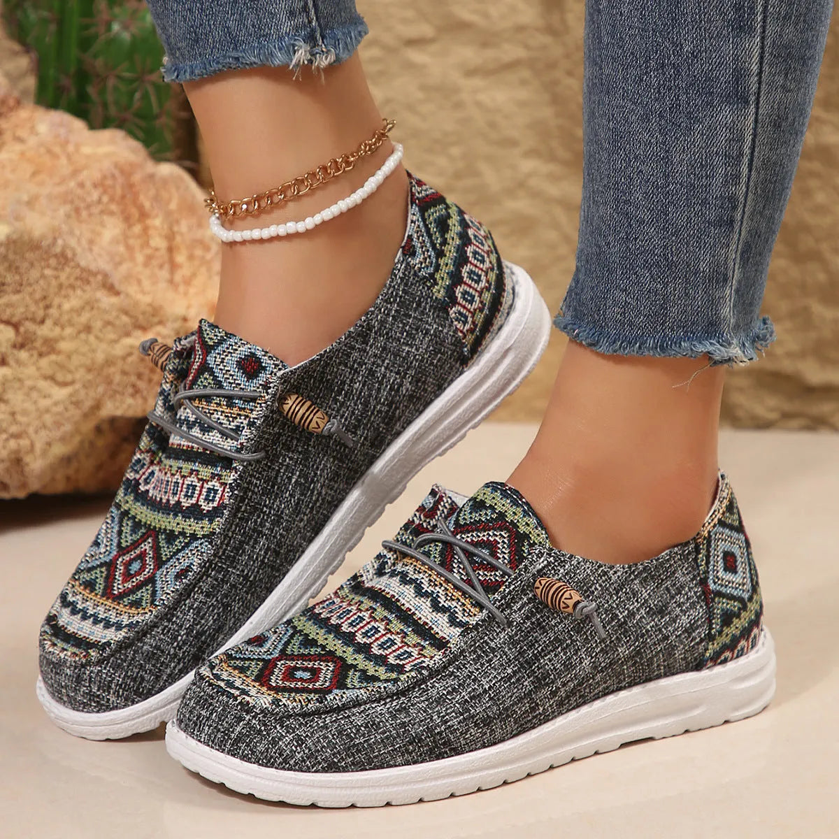 Women's flat round toe low-top shoes in artificial PU with rubber sole in black, dark grey, or khaki colours