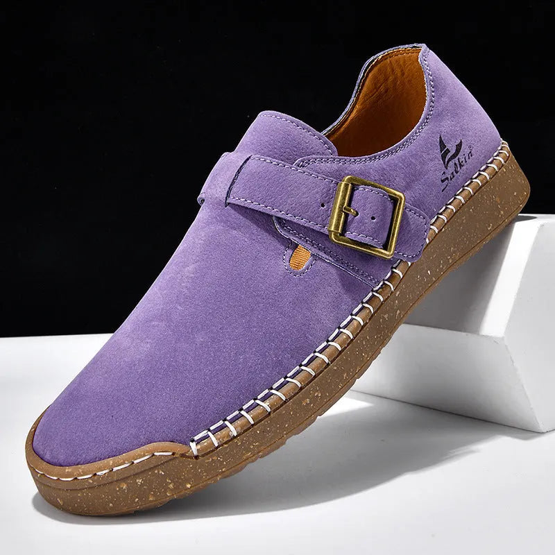 Women's low-top PU leather loafers with buckle fastening, flat heel, round toe, solid colour, sizes 36-45