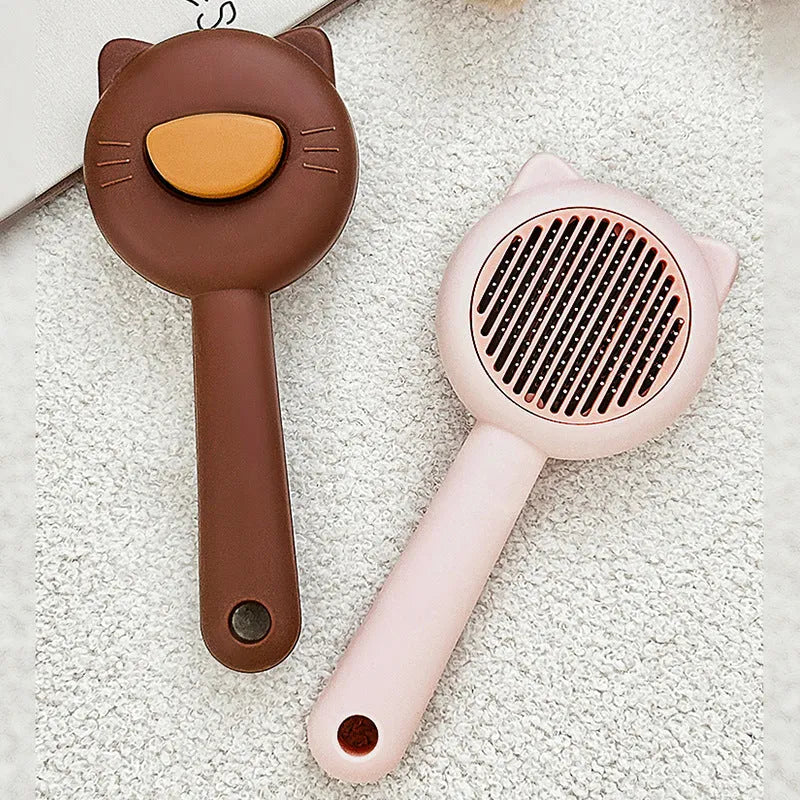 Self-cleaning cat comb with stainless steel needles and PP handle in white, with coffee, green, pink colour options, 8x19.5 cm