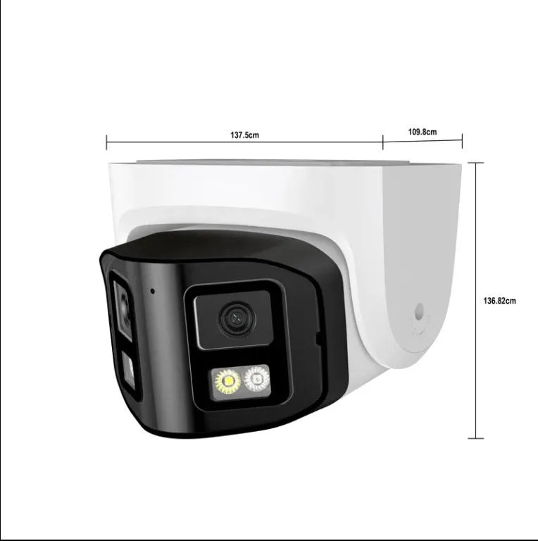 4MP dual-lens IP66 waterproof security camera with compact design for POE network installation.