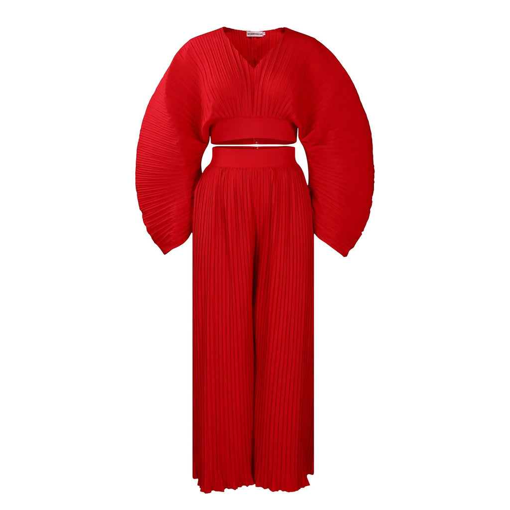 Women's sapphire blue African suit two-piece set with batwing sleeves and wide-leg trousers