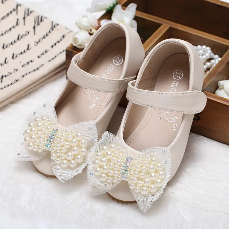 Girls' princess shoes with pearl bow, flat heel, Velcro fastening, PU leather upper, size 19-35