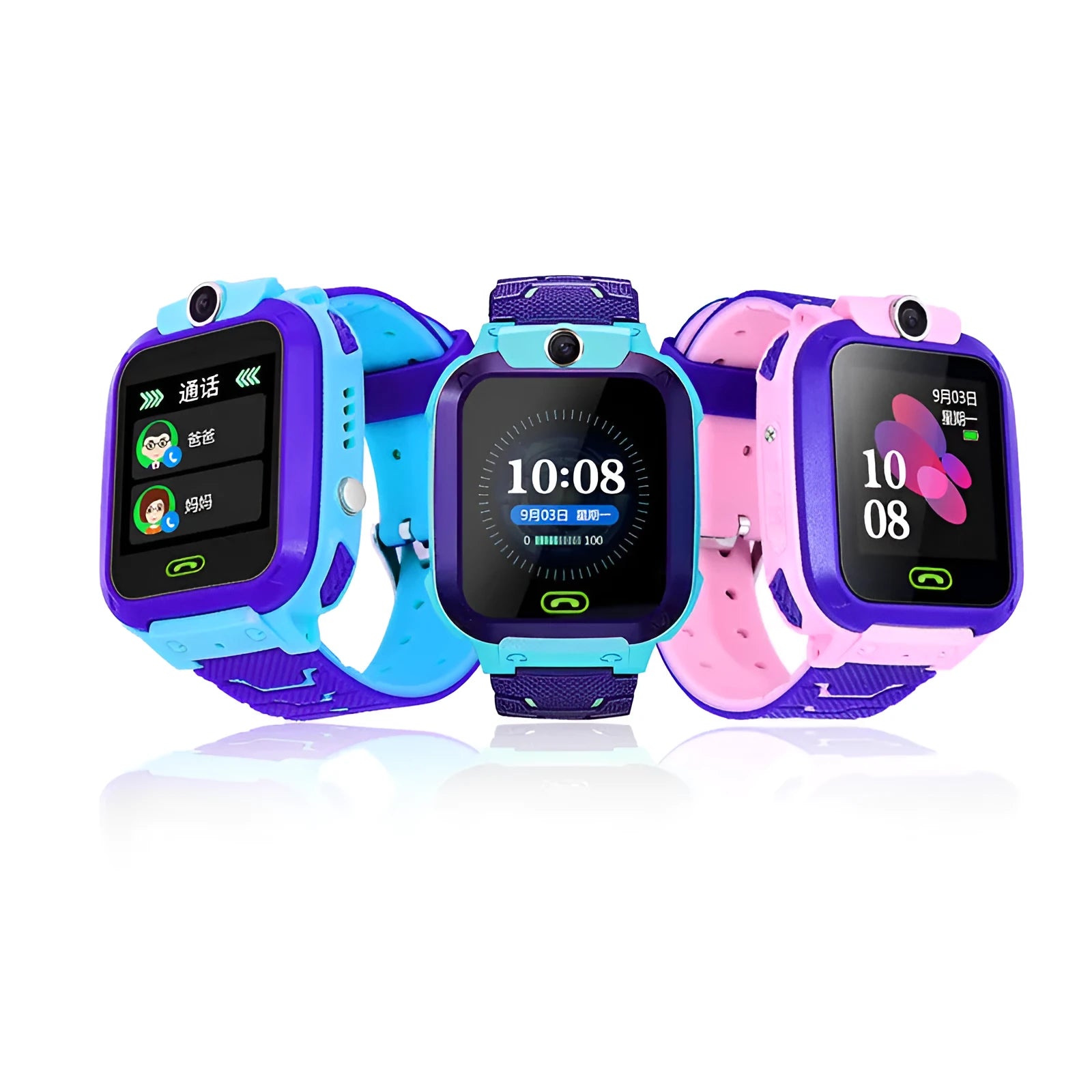 Blue children's waterproof smartwatch phone with colour screen showing GPS and calling functions on a silicone strap.