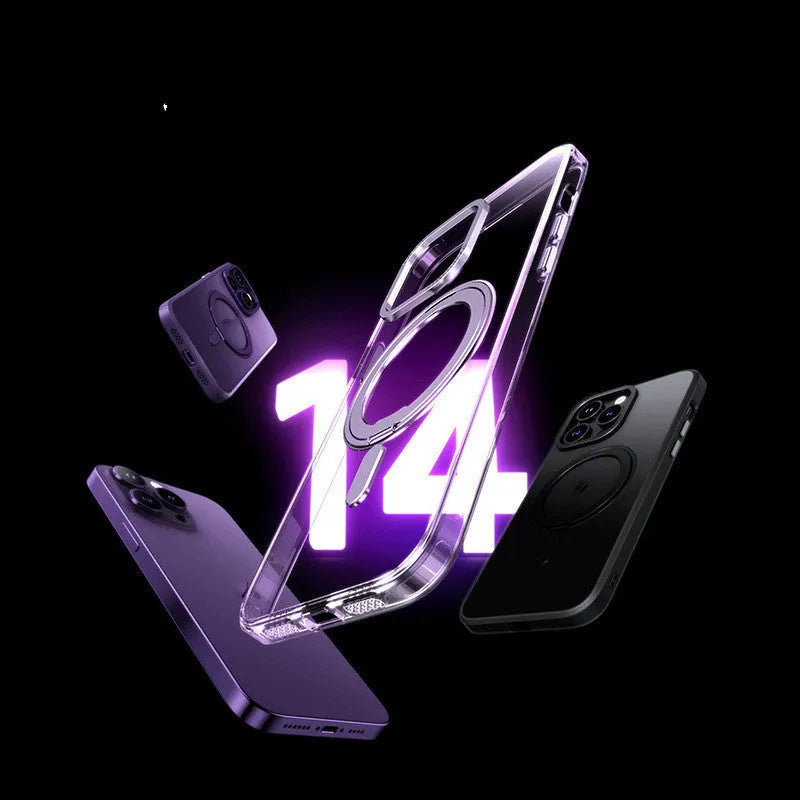 Transparent iPhone case with magnetic bracket for iPhone 11 to 15 Pro Max models in black, grey, purple colours