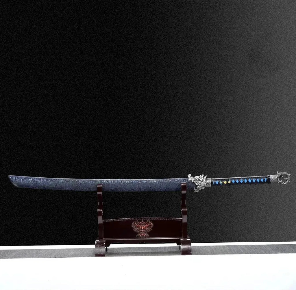 Youlan integral embroidered spring saber 113cm high manganese steel unsharpened sword with solid wood leather scabbard