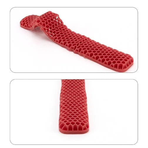 Polymer double-sided wrist rest in blue with hollow grid pattern for keyboard and mouse support