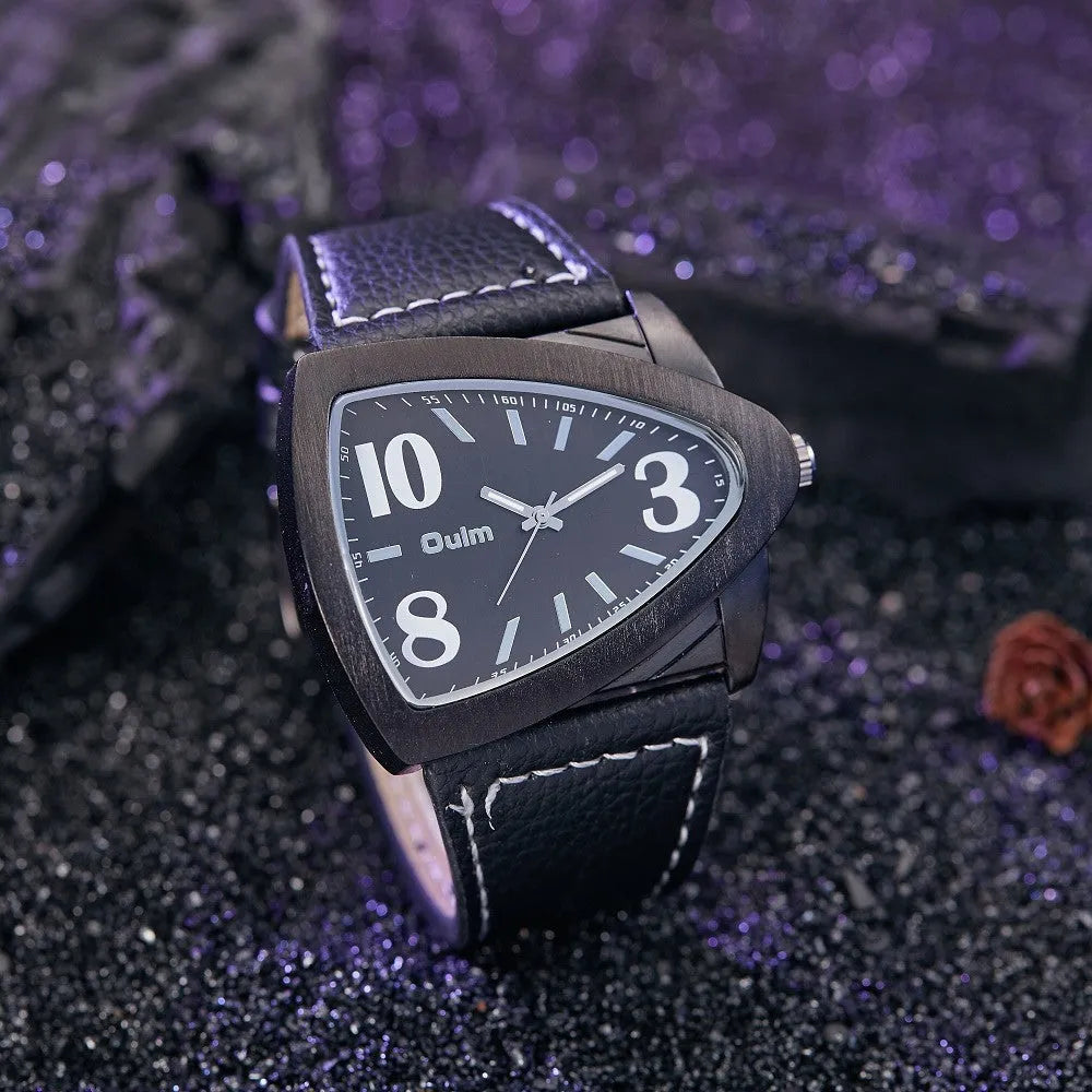 Men's casual triangle belt quartz watch in brown, black, and blue colour options showing 9mm thickness