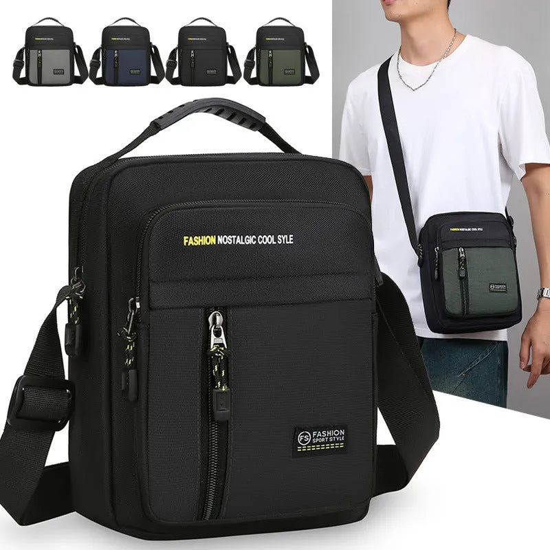 Men's casual nylon messenger crossbody bag with sewing thread detail, shown in green colour.