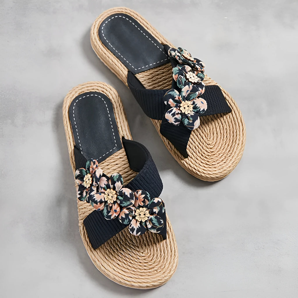 Ladies trendy indoor outdoor slippers with six small flower pattern, cotton cloth upper, TPR sole, available in black and yellow
