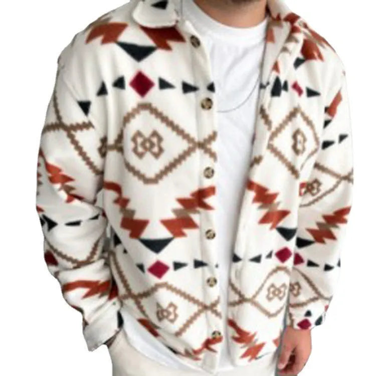 Men's white retro ethnic print casual shirt jacket with long sleeves and lapel collar on a hanger