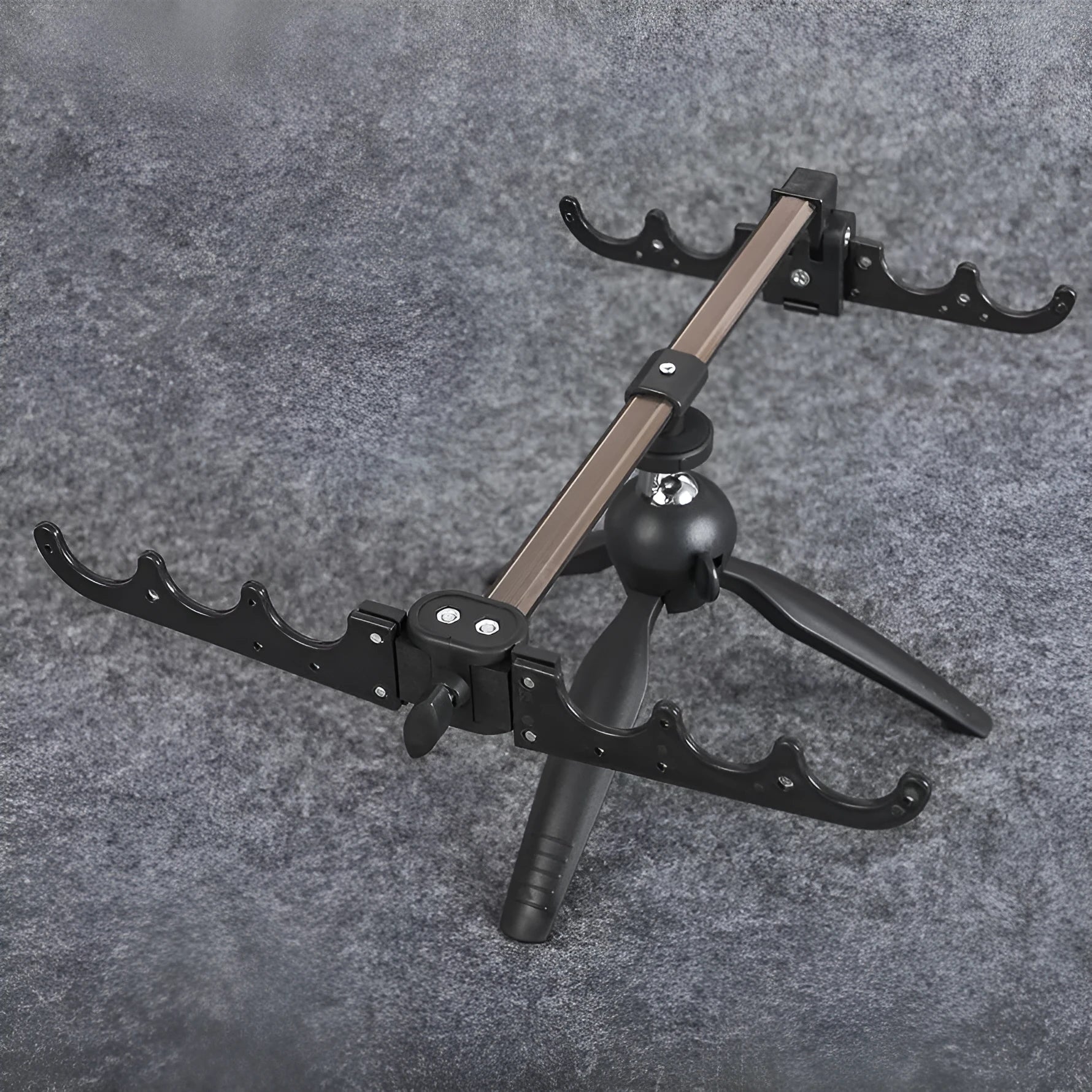 Aluminium alloy ice fishing rod holder bracket on a frozen lake.