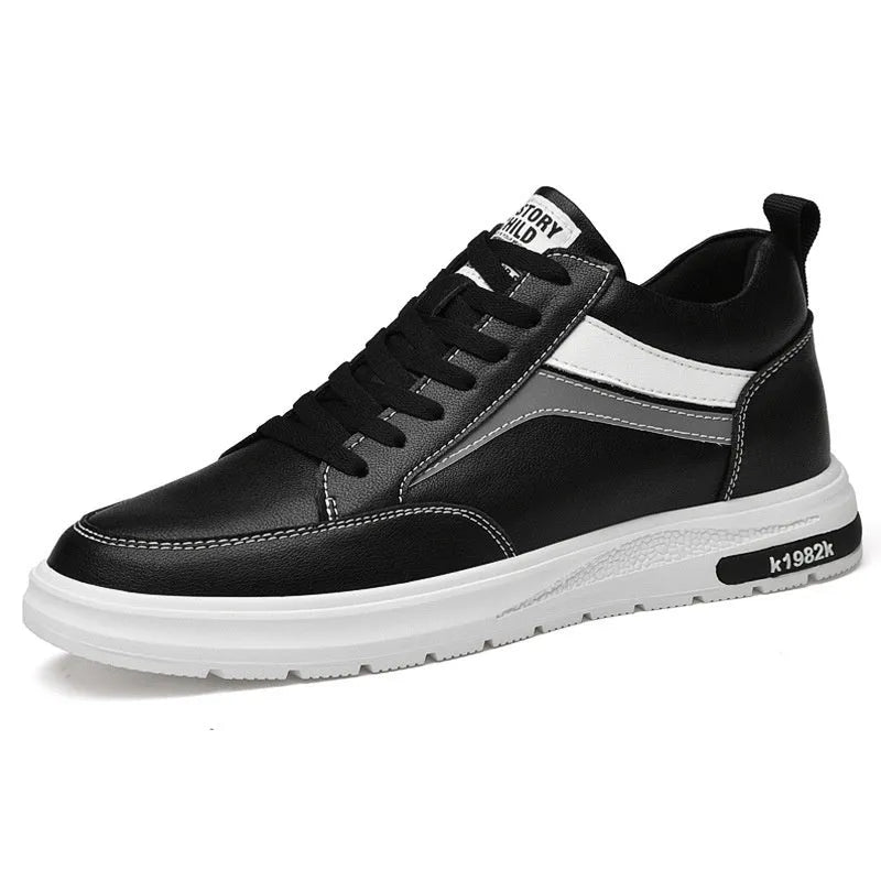 Men's black and white low-top lace-up casual sneakers with hidden height increase insoles on a rubber sole.