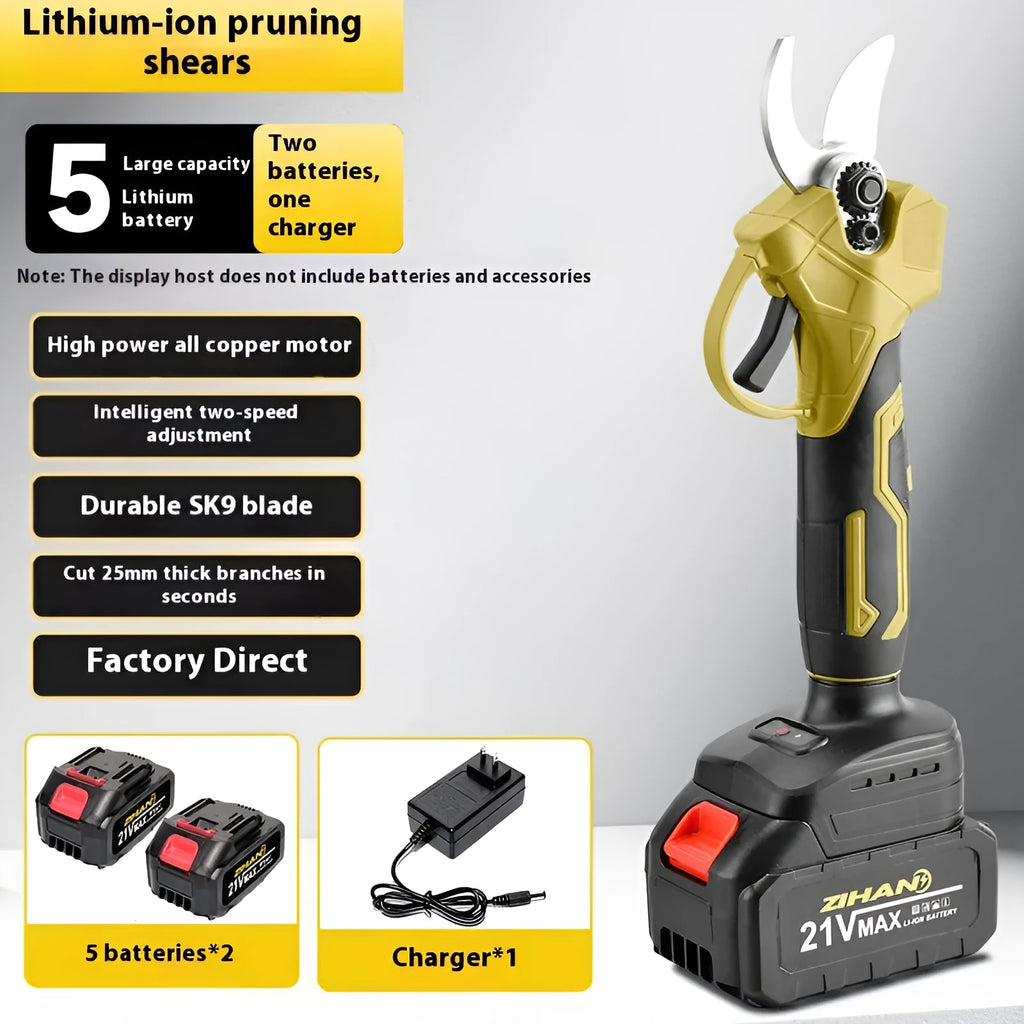 Electric pruning knife with lithium battery and plastic storage box containing two batteries and charger