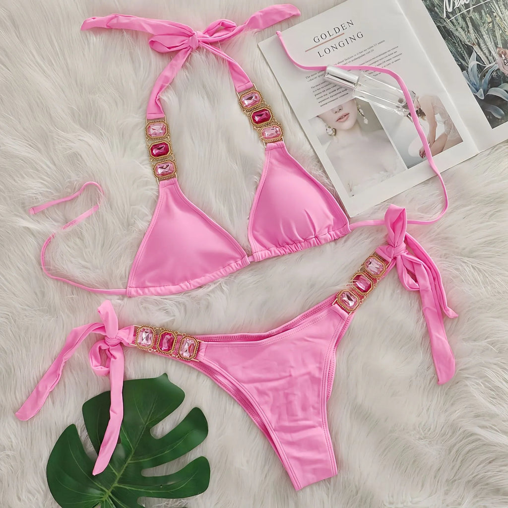 Women's crystal diamond bikini set in nylon, two-piece split swimsuit, shown in one of ten colours and sizes S M L.
