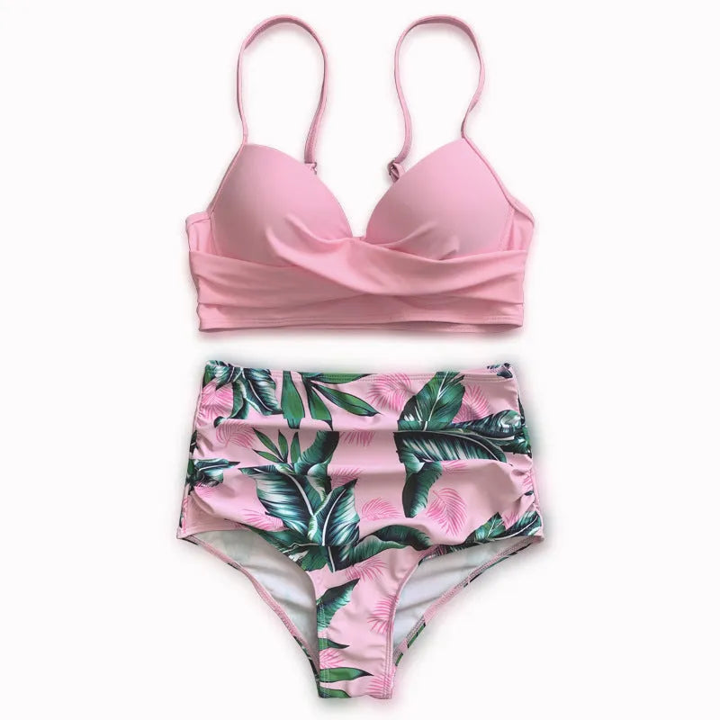 Women's steel underwire push-up bikini set in floral print with high-waisted bottoms