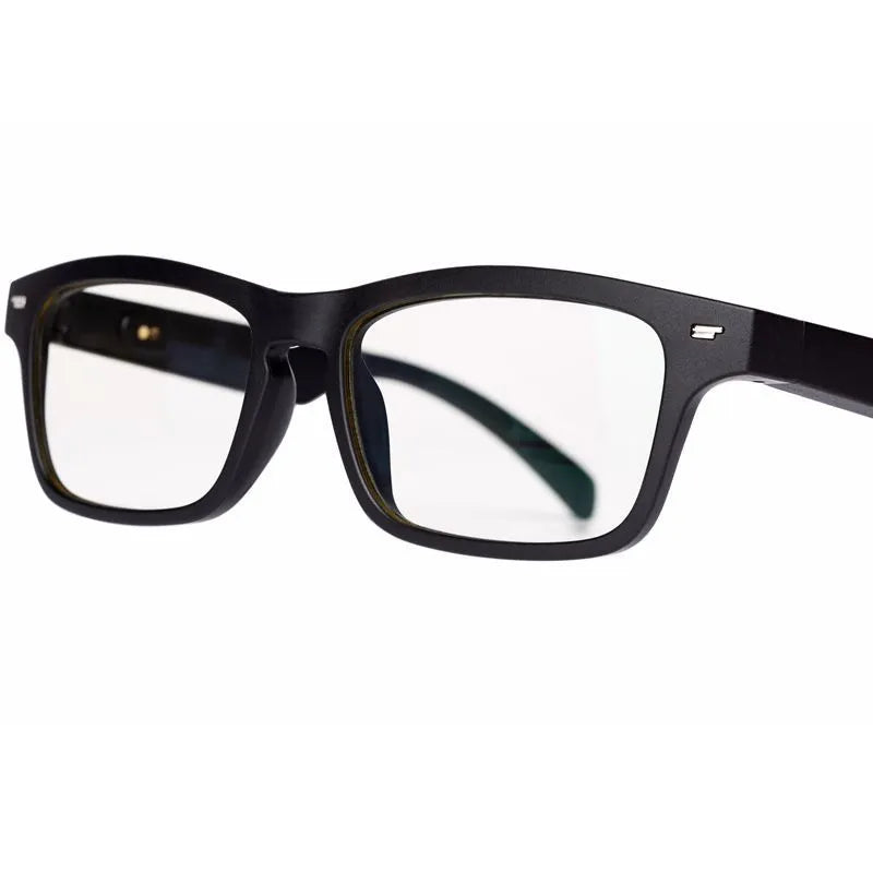 Smart sunglasses with black frame, polarised lenses, and built-in Bluetooth speakers in the temples.