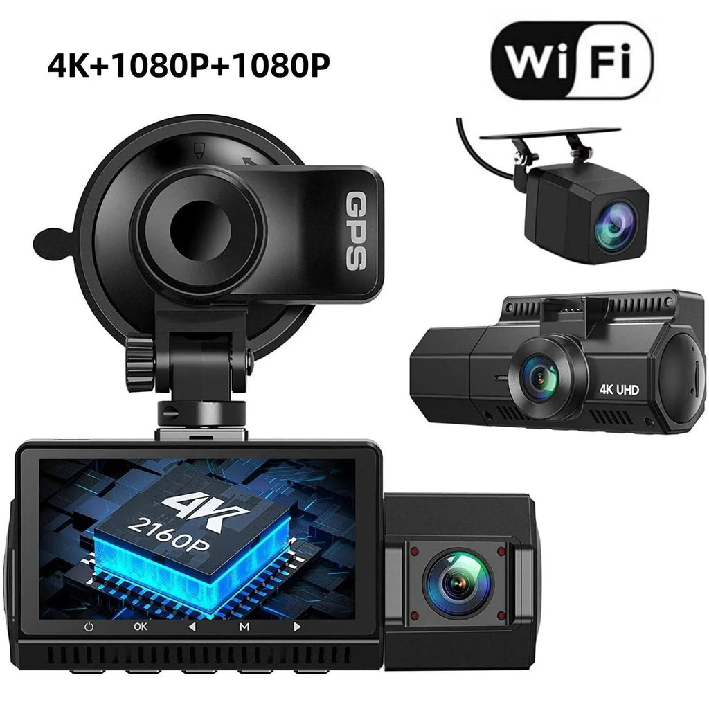 Three-record WIFI dashcam with 2.45-inch screen and GPS holder on car dashboard