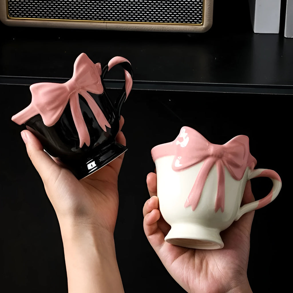Ceramic mug with girl heart bow design in white powder or black pink colour, 301-400ml capacity