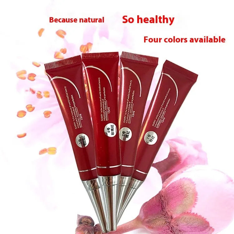 Vermilion lip gloss set showing five waterproof shades including pink, orange red, and rose red variations
