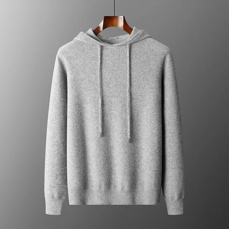 Men's light gray cashmere blend hoodie and matching long pants set on a hanger.