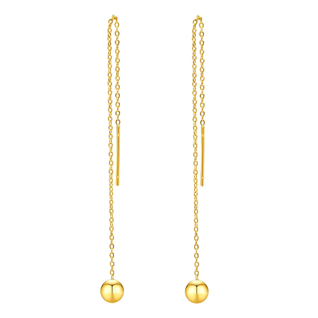Gold-toned alloy drop earrings with round bead design on white background