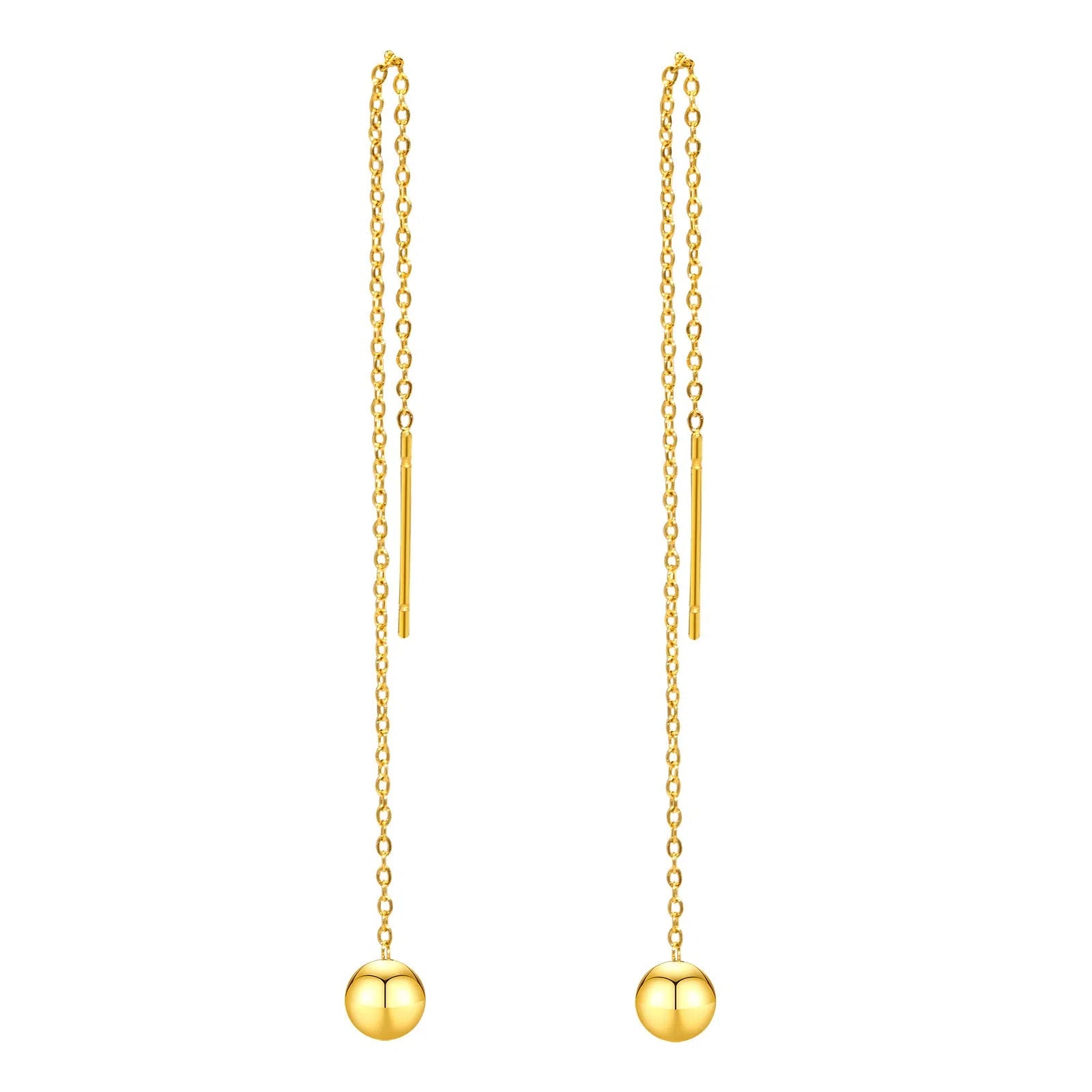 Gold-toned alloy drop earrings with round bead design on white background