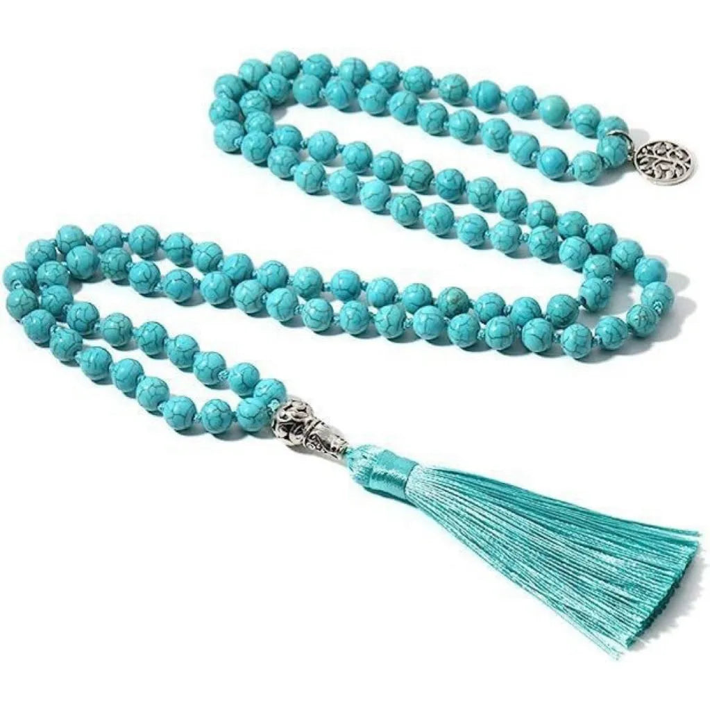 Handmade knotted stone bead necklace with 108 8mm beads in natural colours