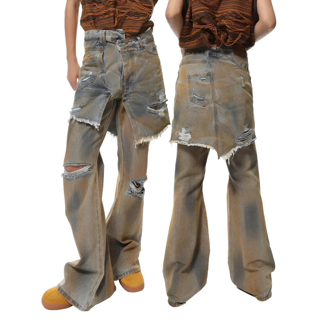 Light blue loose hole distressed bootcut jeans on a high-waist mannequin