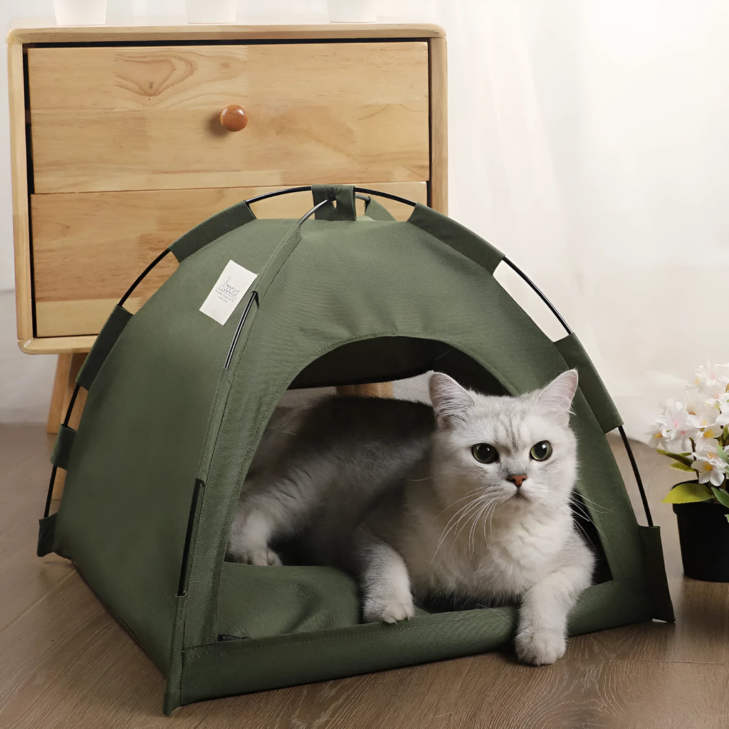 Cat tent cooling mat pet bed with cushion in military green, size L, for small dogs and cats