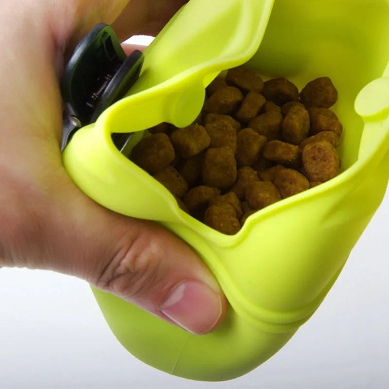 Silicone dog training treat pouch with magnetic closure and metal clip in assorted colours.