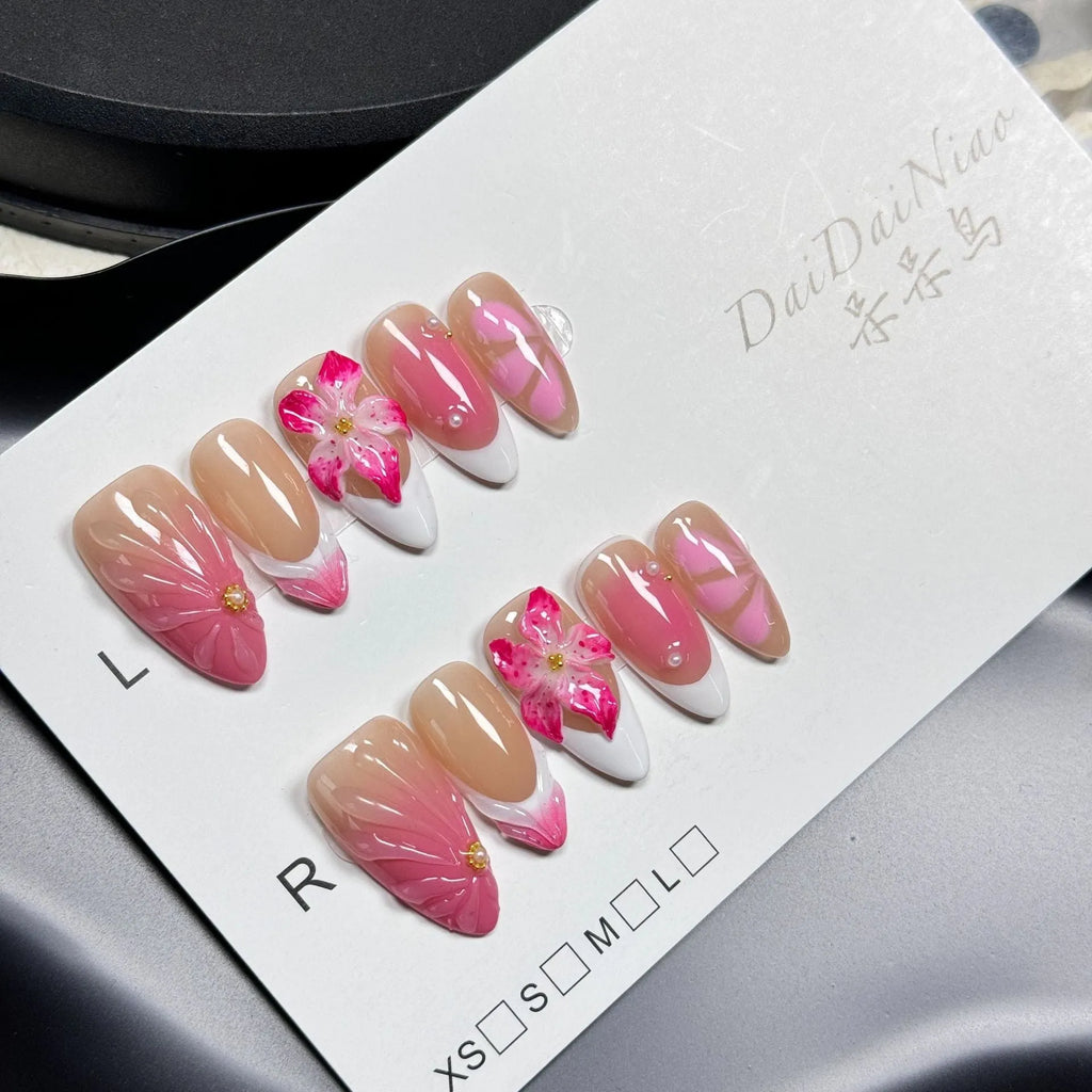 French style 3D fluid ice flower nail art designs on almond-shaped plastic armour pieces