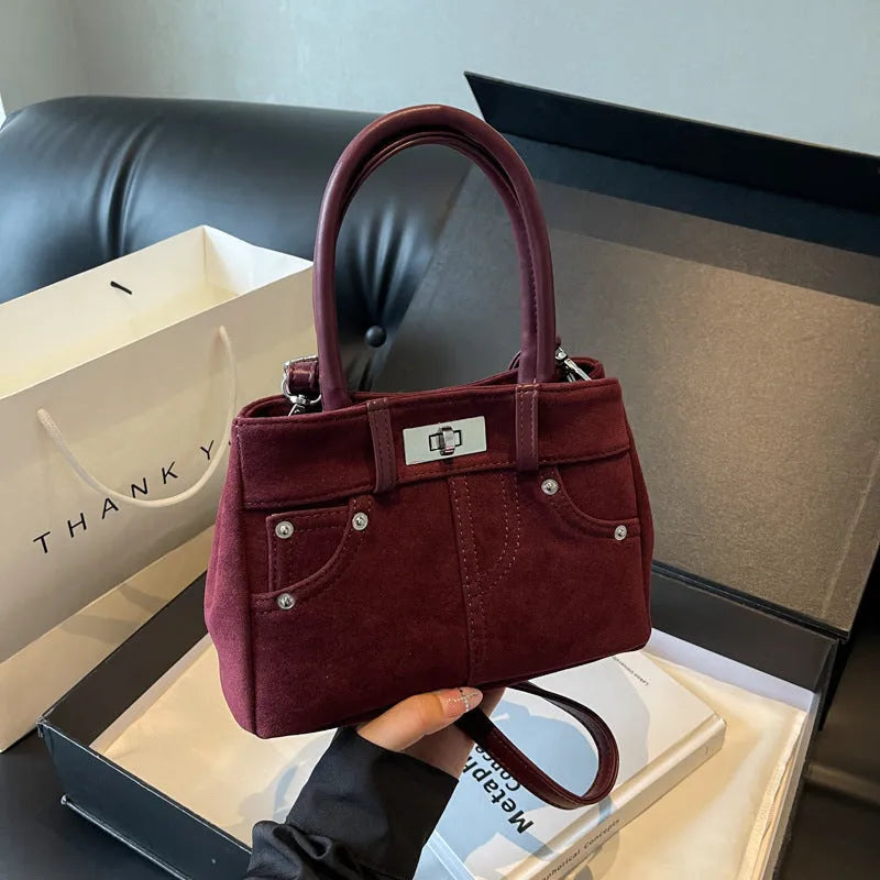Women's retro PU leather messenger bag bucket shape with sewing thread detail single shoulder strap