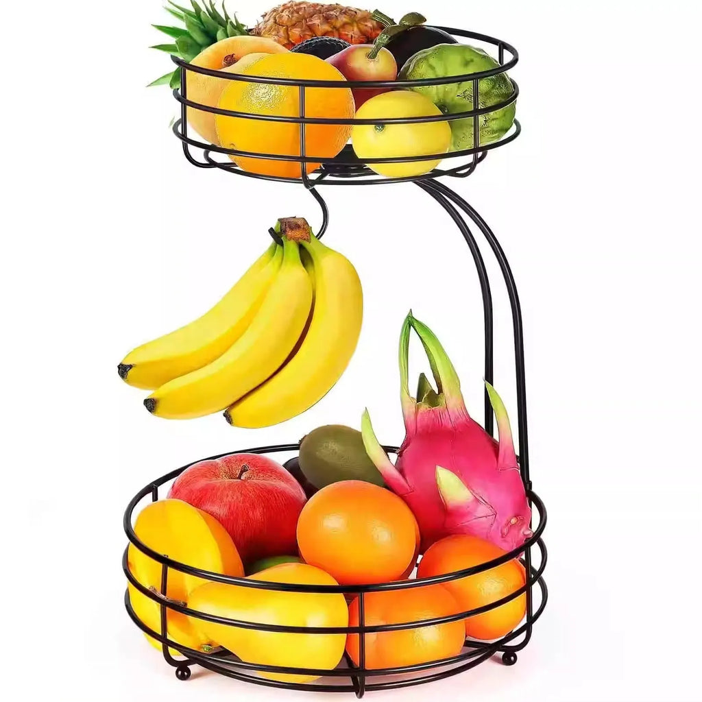 Black double-layer wrought iron fruit basket with two storage tiers and raised bottom plate