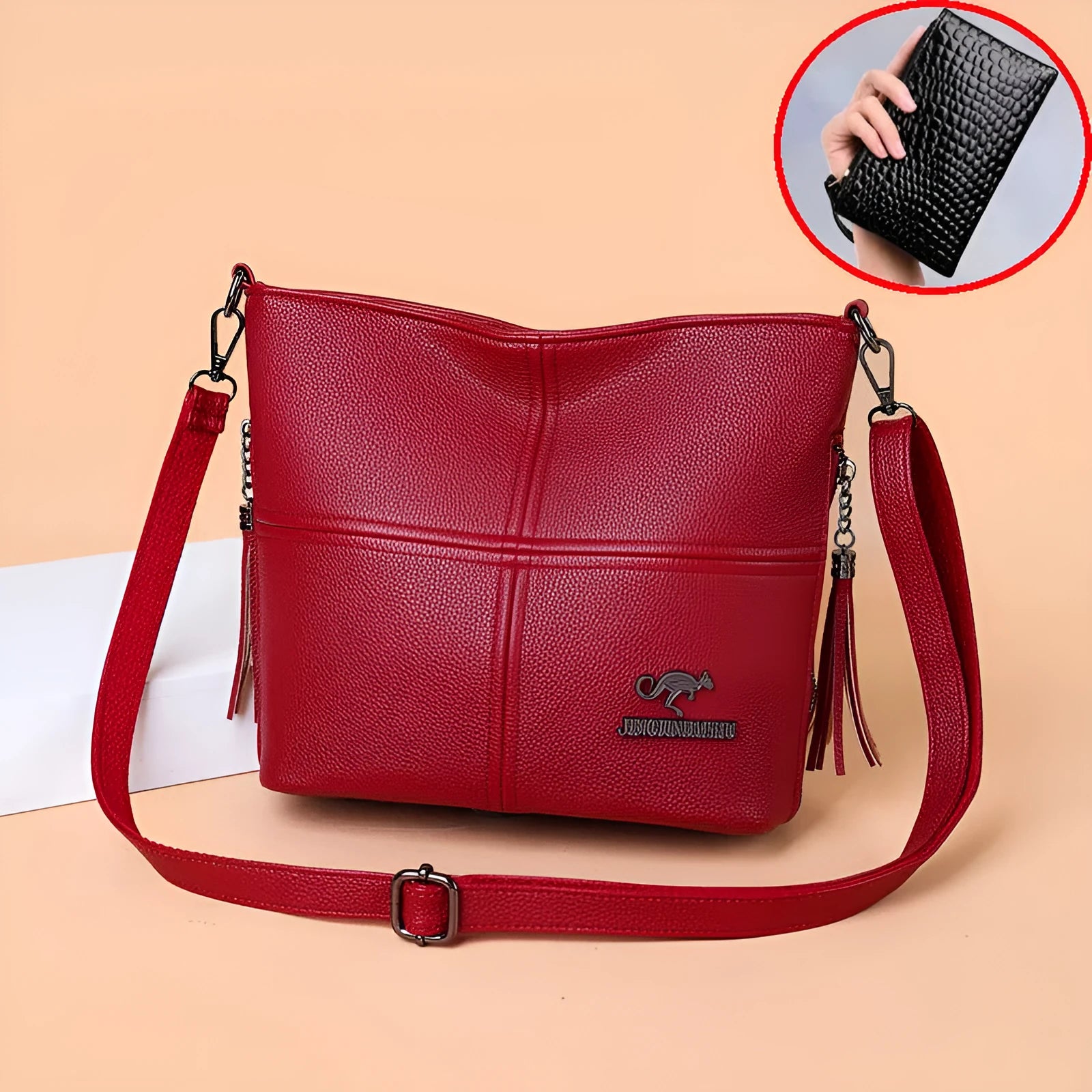 PU crossbody bag in red with stitching and tassels, horizontal shape, large capacity