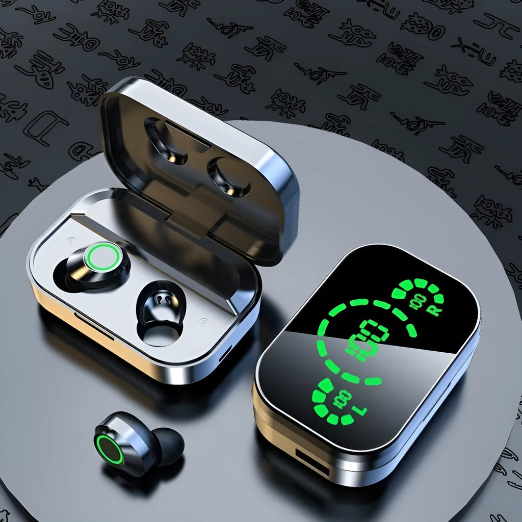 Black wireless in-ear earbuds with charging case, LED display, and breathing light, Bluetooth 5.3, 4-5 hour battery