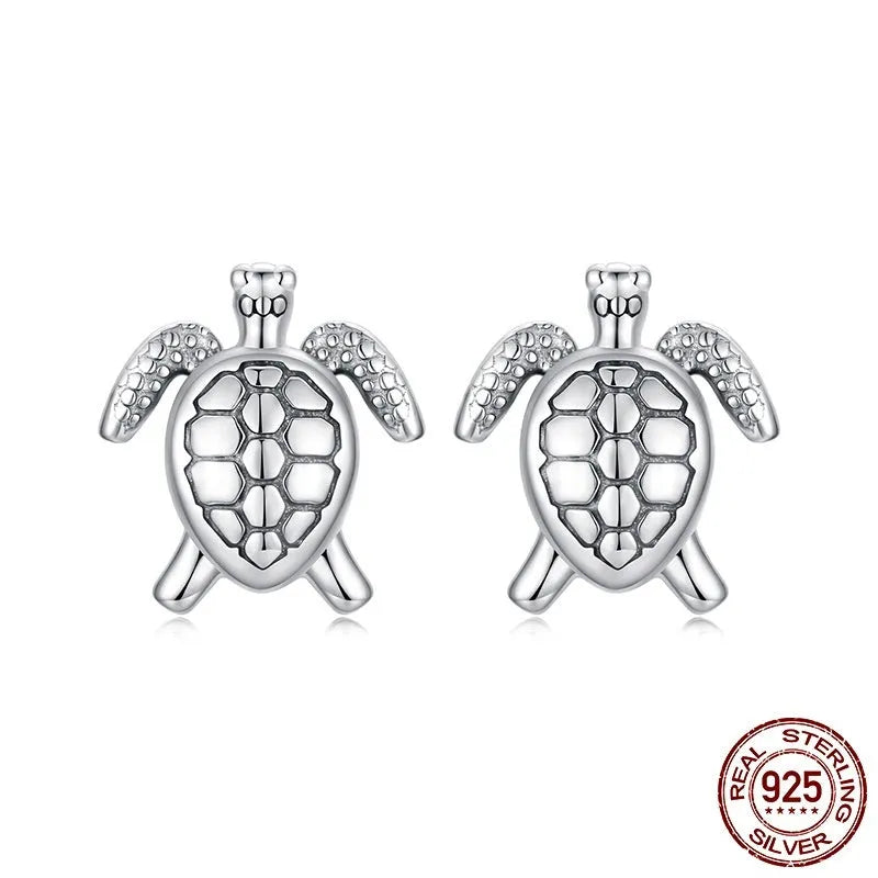S925 sterling silver turtle stud earrings with polished finish, unisex pair, colour SCE1935