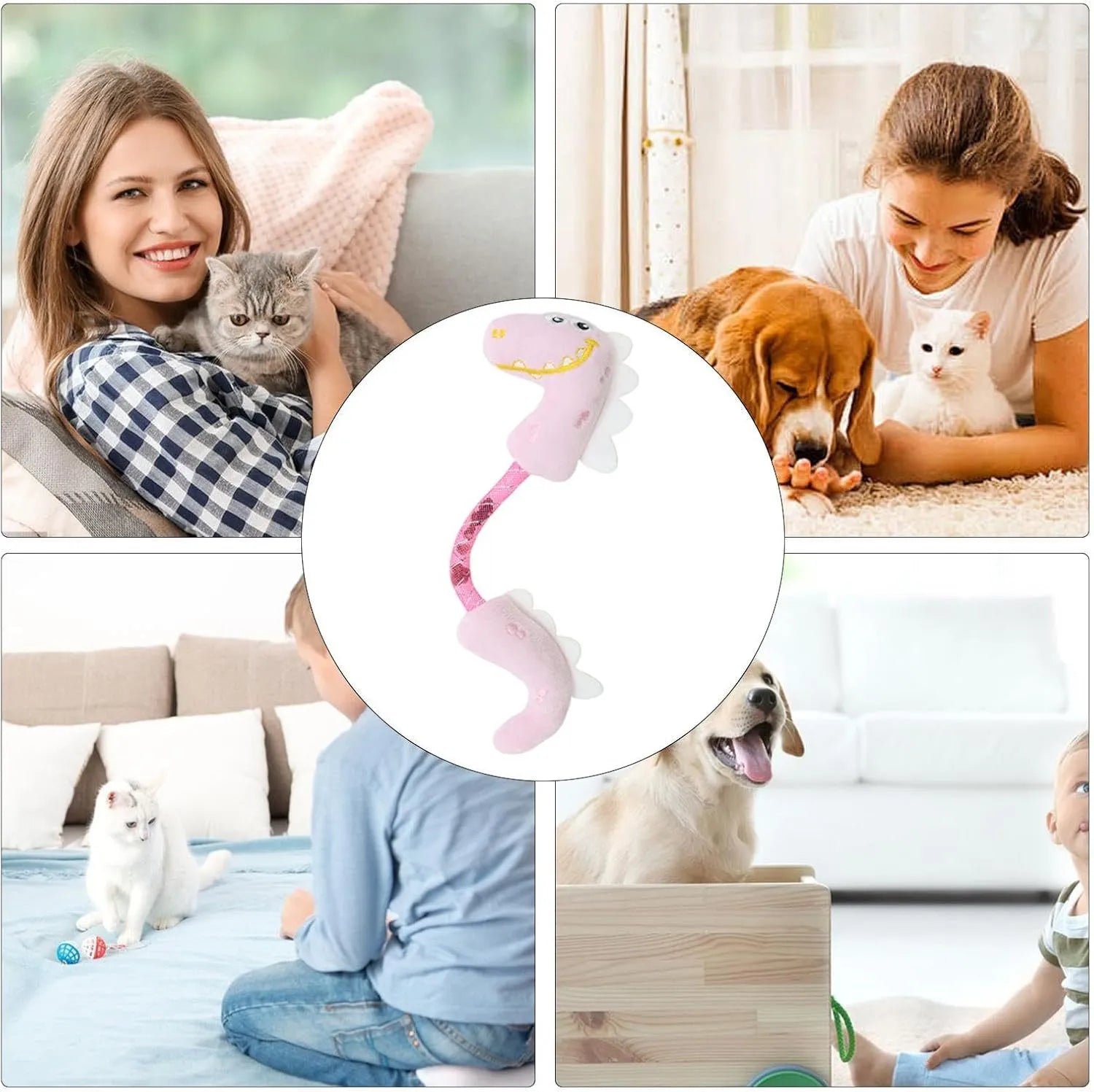 4-piece cat toy bundle showing chew rope, plush mouse, fish, and bunny toys in assorted colours