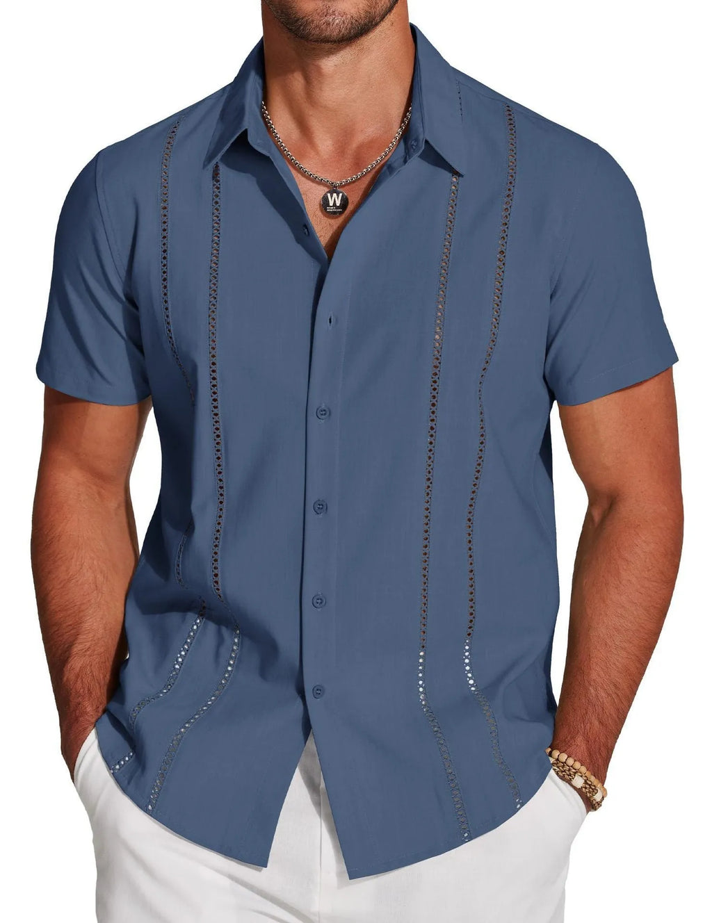 Men's slim-fit Hawaiian short sleeve shirt in digital print pattern on polyester fabric