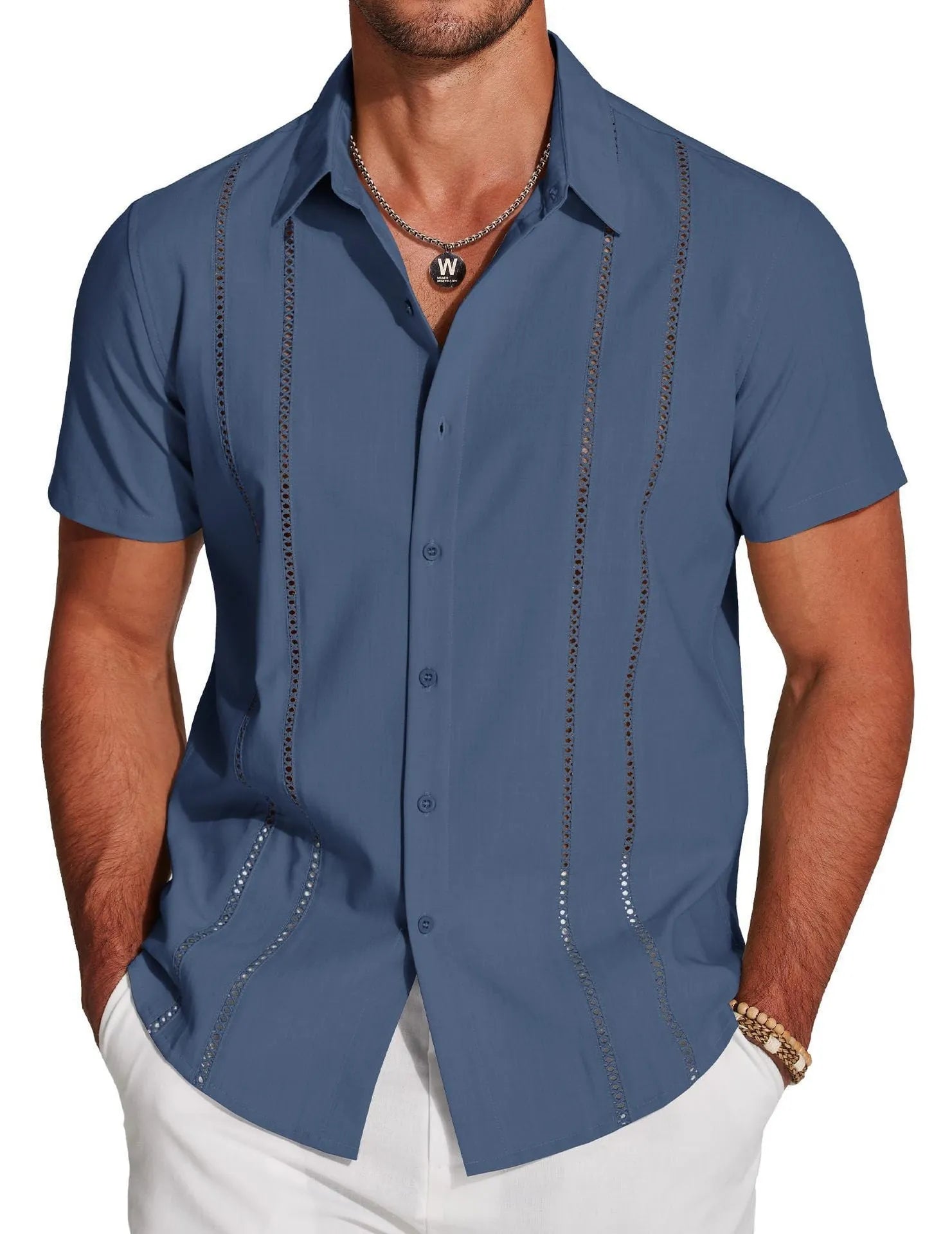 Men's slim-fit Hawaiian short sleeve shirt in digital print pattern on polyester fabric