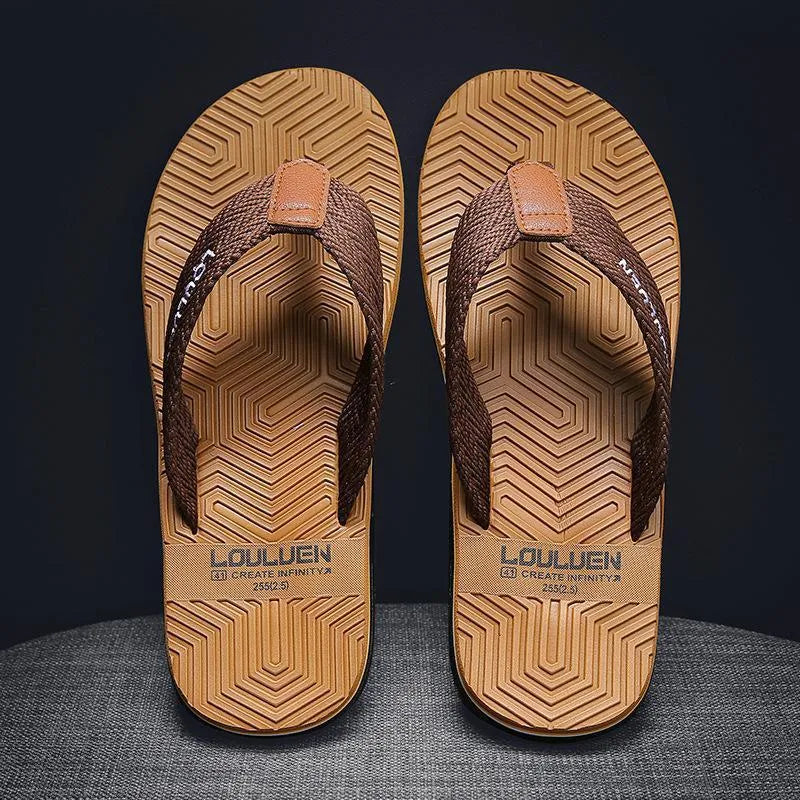 Men's black flip flops with an EVA upper and textured non-slip PVC sole.
