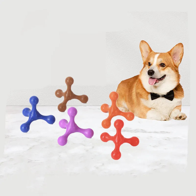 Blue silicone three-legged puppy chew toy for teething relief and dental cleaning