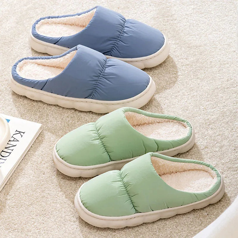Down cotton slippers with rubber soles and artificial leather uppers in multiple colours
