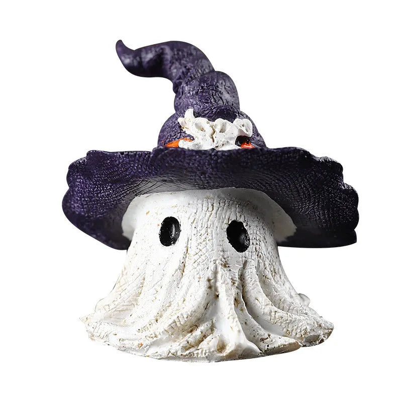 Resin Halloween wizard hat ghost ornament in black or purple colours for seasonal decoration