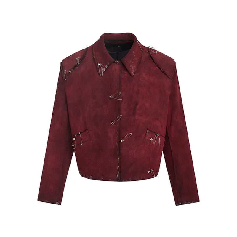 Men's thick quilted flocking decorative pin jacket in red, loose fit with lapel collar